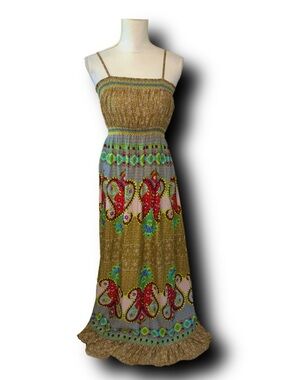 World Market 100% Cotton Olive Paisley Smocked Boho Hippie Witchy Maxi Dress